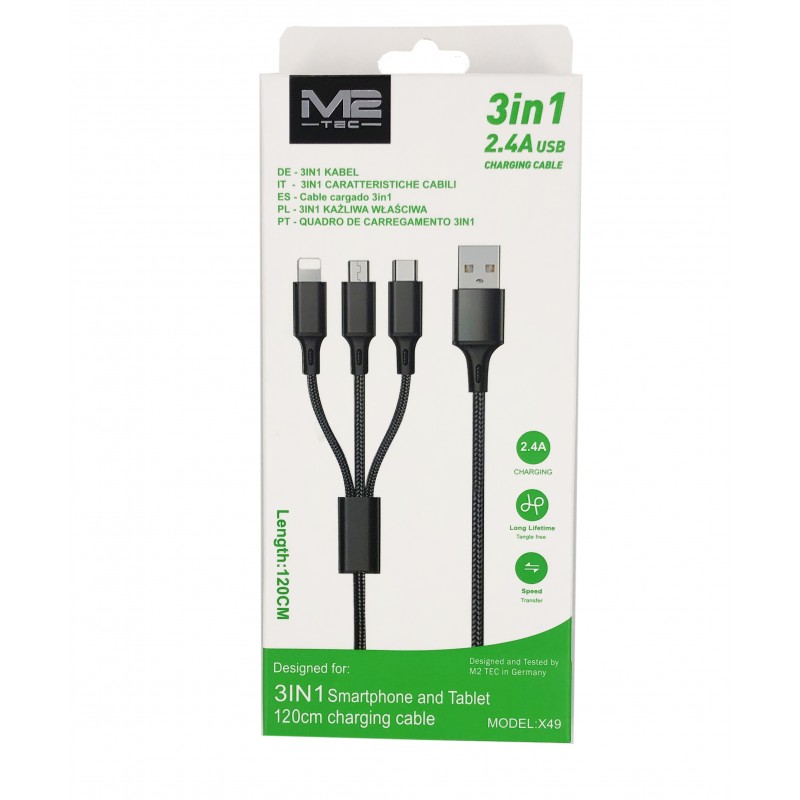Καλώδιο Φόρτισης και Μεταφοράς Δεδομένων 3in1 USB to Lightning  Type-C  Micro USB 1,2m M2-TEC V-6191